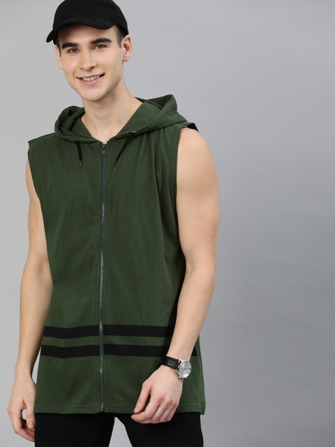 HERE&NOW Men Green & Black Striped Hooded Sweatshirt