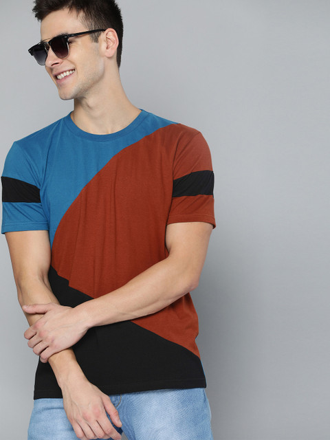 

HERE&NOW Men Blue & Red Colourblocked Round Neck T-shirt