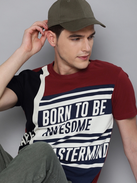 

HERE&NOW Men Red & Navy Blue Printed Round Neck T-shirt