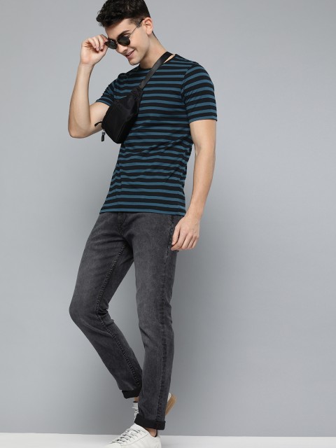 

HERE&NOW Men Black & Teal Blue Striped Round Neck T-shirt