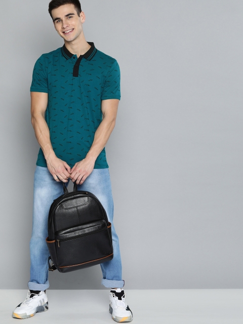 

HERE&NOW Men Teal Blue & Black Printed Polo Collar T-shirt