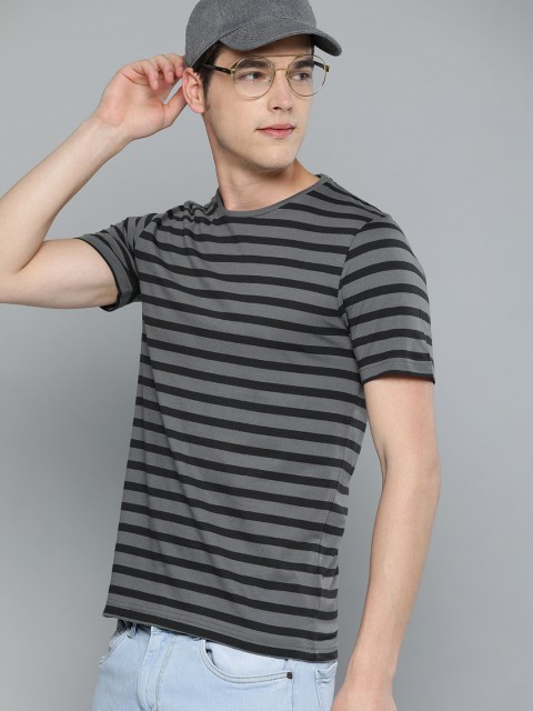 

HERE&NOW Men Charcoal Grey Striped Round Neck T-shirt