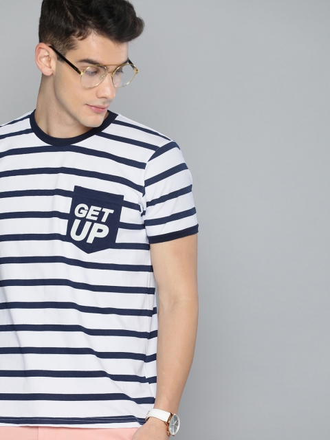 

HERE&NOW Men Navy Blue & White Striped Round Neck T-shirt