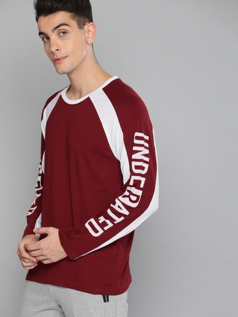 

HERE&NOW Men Maroon & White Solid Round Neck T-shirt with Printed Detailing