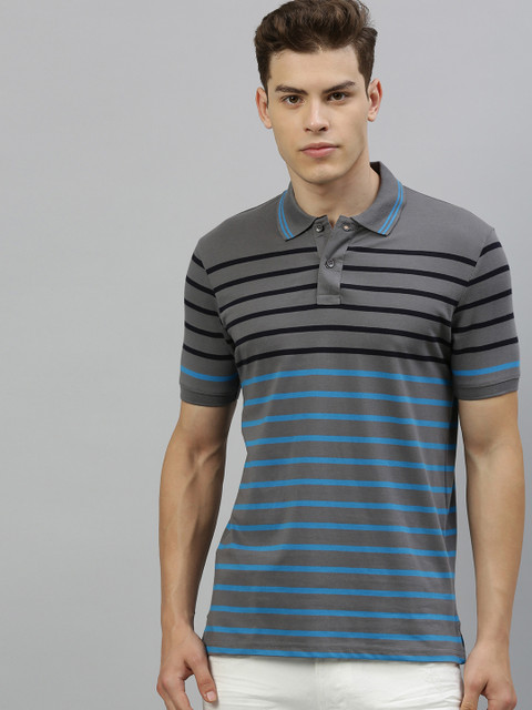

HERE&NOW Men Charcoal Grey & Blue Striped Polo Collar T-shirt