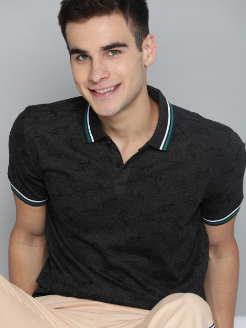 

HERE&NOW Men Charcoal Grey Printed Polo Collar T-shirt