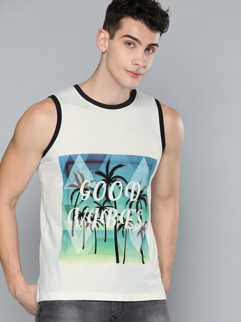 

HERE&NOW Men White & Green Printed Round Neck T-shirt