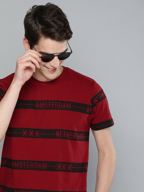 

HERE&NOW Men Red & Black Striped Round Neck T-shirt