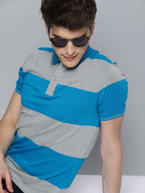 

HERE&NOW Men Blue & Grey Melange Striped Polo Collar T-shirt