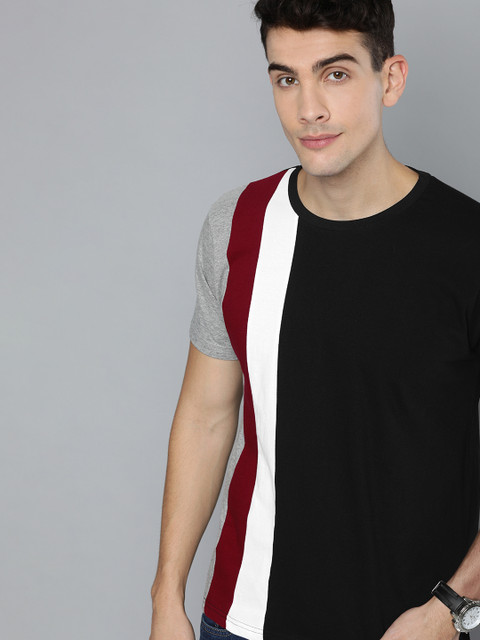 

HERE&NOW Men Black & Maroon Striped Round Neck T-shirt
