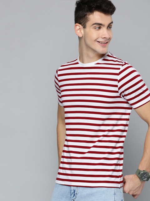 

HERE&NOW Men White Striped Round Neck T-shirt