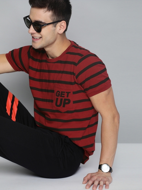 

HERE&NOW Men Maroon & Black Striped Round Neck T-shirt