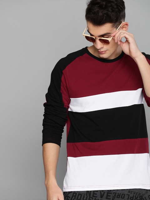 

HERE&NOW Men Maroon & Black Colourblocked Round Neck T-shirt