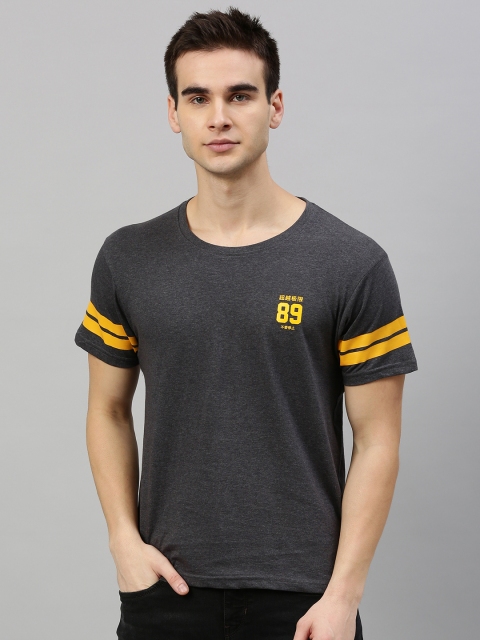 

HERENOW Men Charcoal Grey Mustard Yellow Printed Back Round Neck Pure Cotton T-shirt