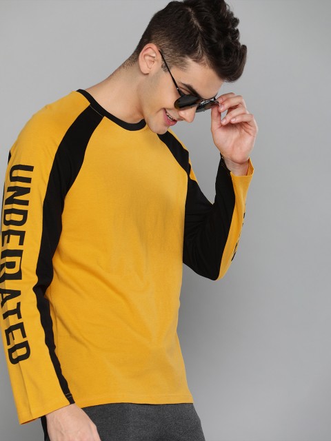 

HERE&NOW Men Mustard Yellow & Black Solid Round Neck T-shirt with Printed Detailing