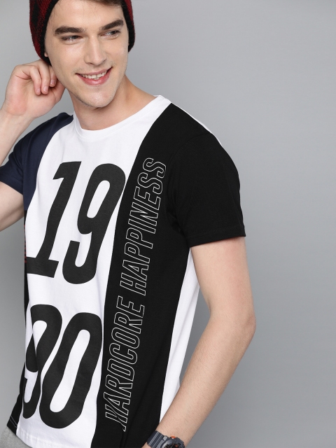 

HERENOW Men Black White Colourblocked Round Neck Pure Cotton T-shirt