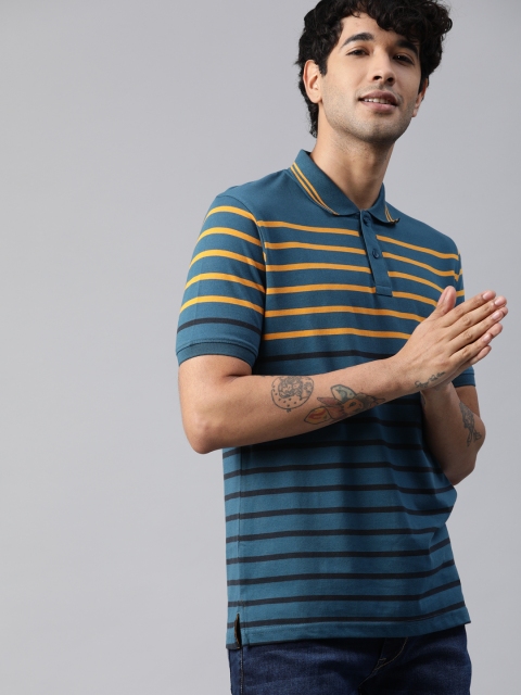 

HERE&NOW Men Teal Striped Polo Collar T-shirt