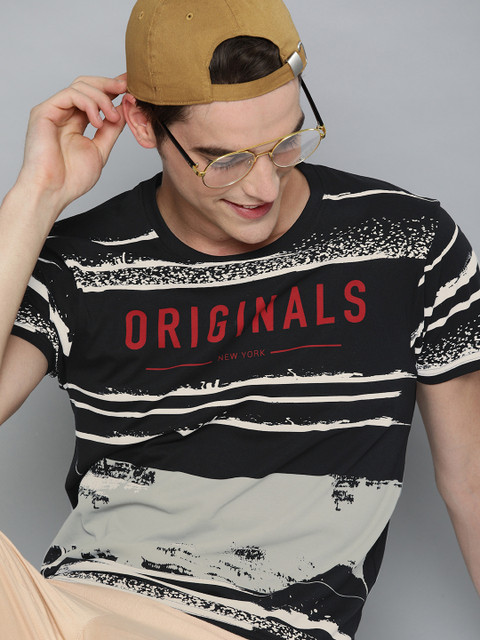 

HERE&NOW Men Black & Grey Printed Round Neck T-shirt