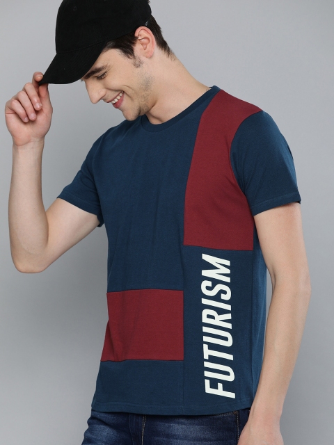 

HERE&NOW Men Navy Blue & Maroon Printed Round Neck T-shirt