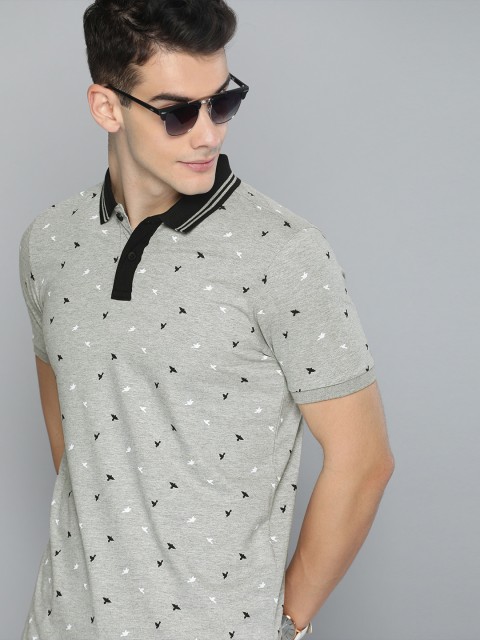 

HERE&NOW Men Grey Melange & Black Printed Contrast Polo Collar T-shirt