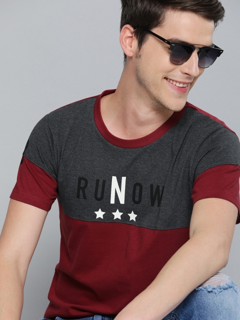 

HERE&NOW Men Maroon & Charcoal Grey Colourblocked Round Neck T-shirt