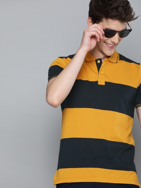 

HERE&NOW Men Mustard Yellow & Black Striped Polo Collar T-shirt