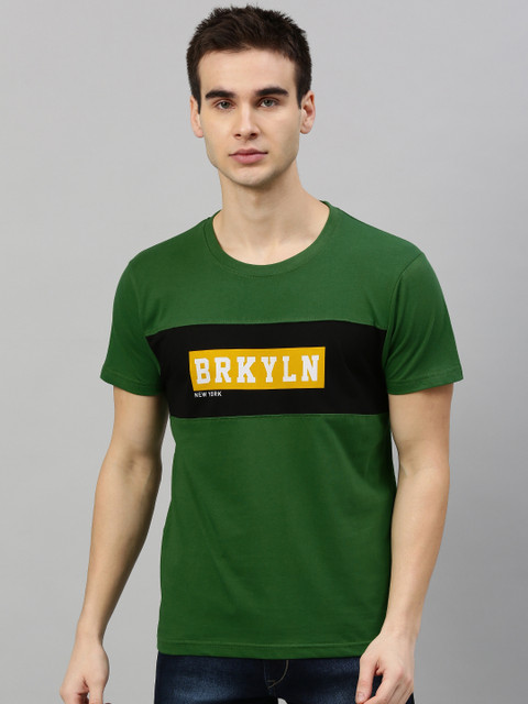 

HERENOW Men Green Black Colourblocked Round Neck Pure Cotton T-shirt