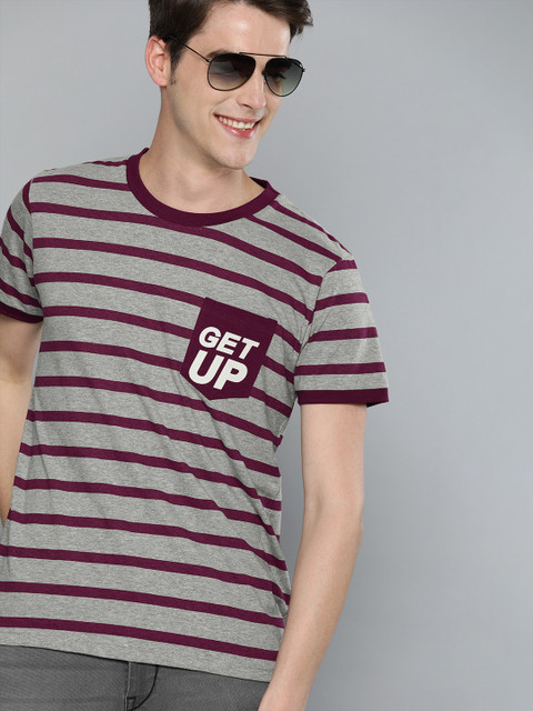 

HERE&NOW Men Grey & Purple Striped Round Neck T-shirt With Pocket Detail