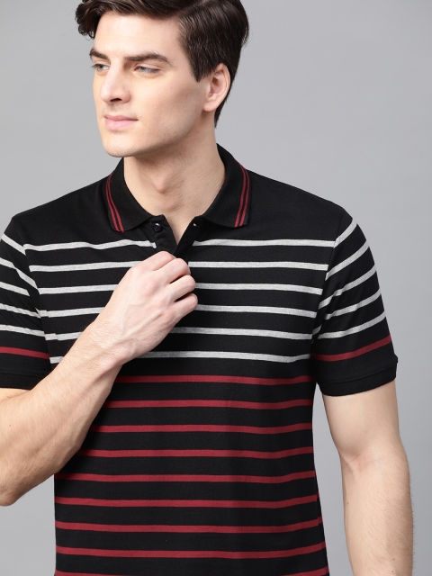 

HERENOW Men Black Maroon Striped Polo Collar Pure Cotton T-shirt