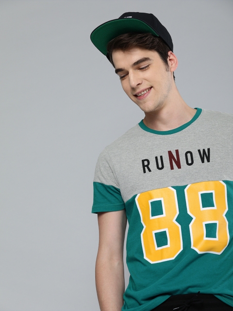 

HERE&NOW Men Teal Green & Grey Melange Printed Round Neck T-shirt