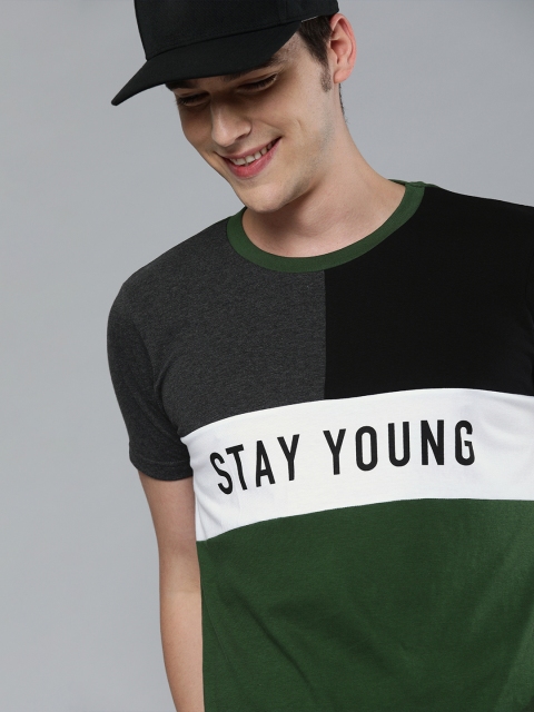 

HERENOW Men Olive Green Black Colourblocked Round Neck Pure Cotton T-shirt