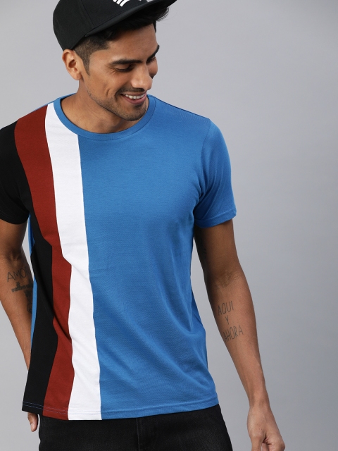 

HERE&NOW Men Blue Placement Striped Round Neck T-shirt