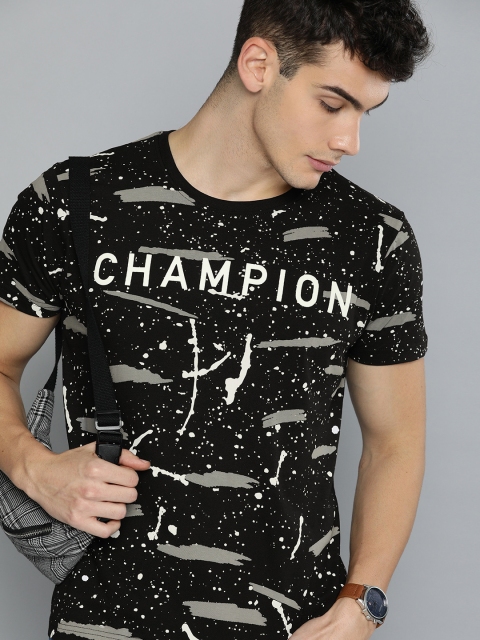 

HERE&NOW Men Black & Grey Printed Round Neck T-shirt