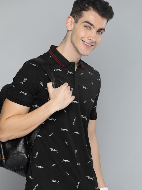 

HERE&NOW Men Black & Off-White Printed Polo Collar T-shirt