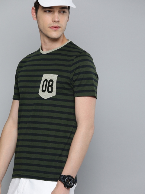 

HERE&NOW Men Olive Green Striped Round Neck T-shirt With Pocket Detailing