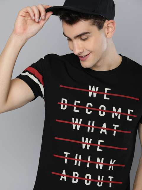

HERENOW Men Black Printed Round Neck Pure Cotton T-shirt