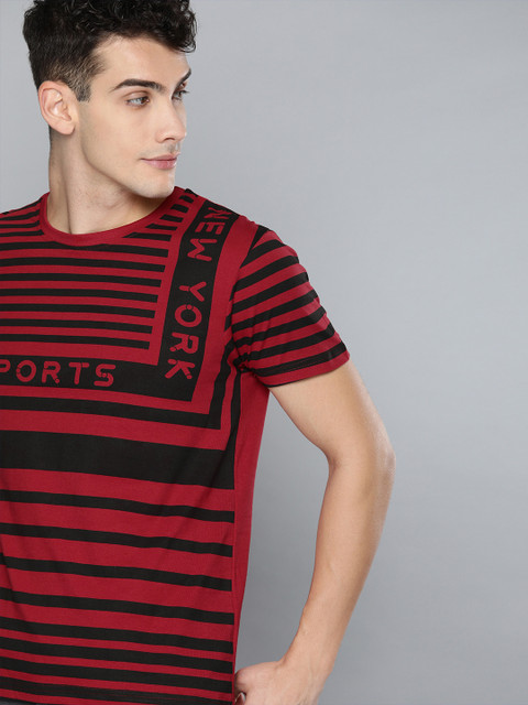 

HERE&NOW Men Red & Black Striped Round Neck T-shirt