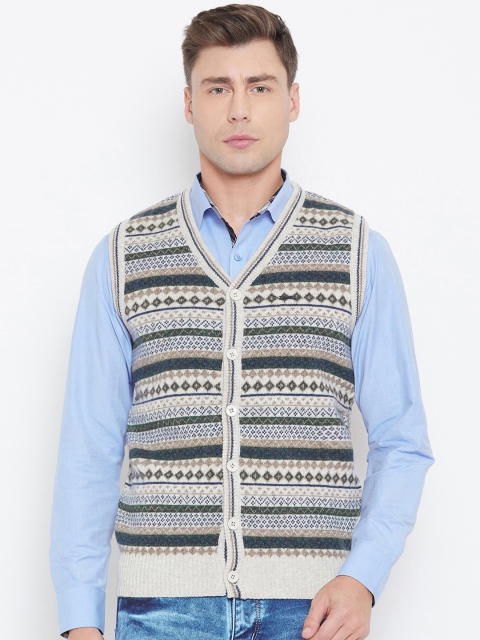 

Duke Men Cream-Coloured & Navy Blue Self Design Cardigan