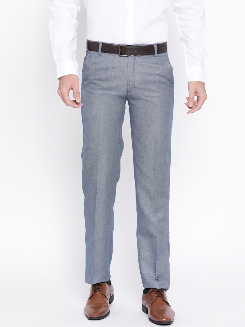 

Luxrio Men Navy Blue & White Slim Fit Self Design Formal Trousers