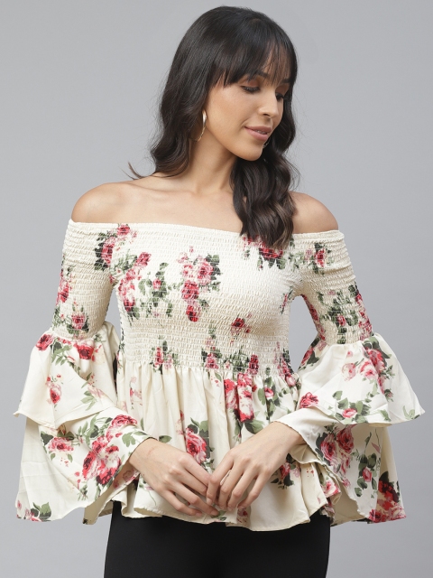 

ATRAENTA Women Off-White & Red Floral Print Smocked Bardot Top