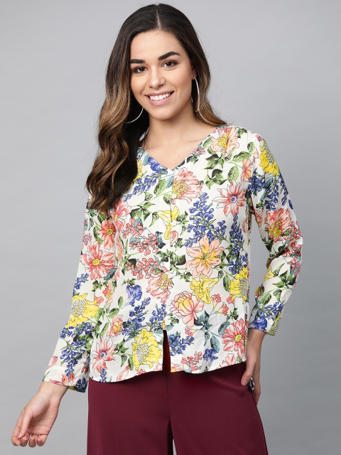 

ATRAENTA Women White & Pink Floral Printed Semi-Sheer High-Low Top