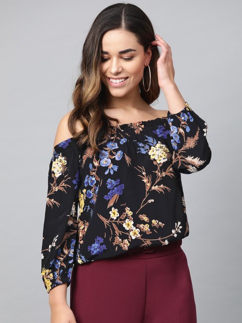 

ATRAENTA Women Black & Blue Floral Printed Bardot Top