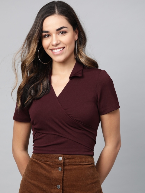 

ATRAENTA Women Burgundy Solid Cropped Wrap Top