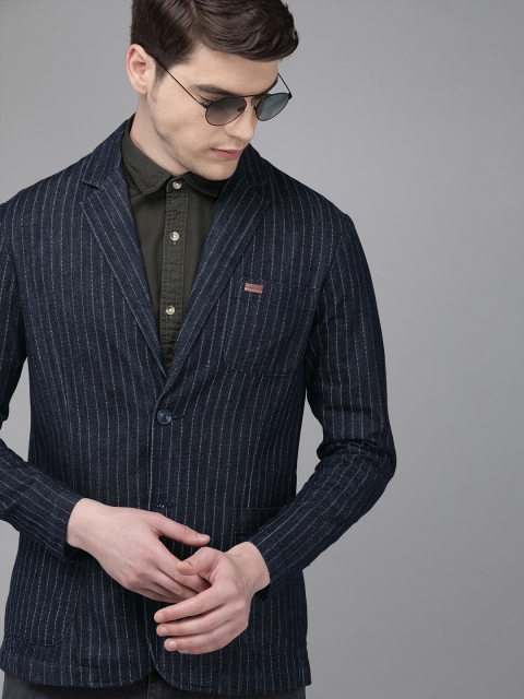

Solid Styles Men Navy Blue & White Slim Fit Striped Single-Breasted Casual Pure Cotton Blazer