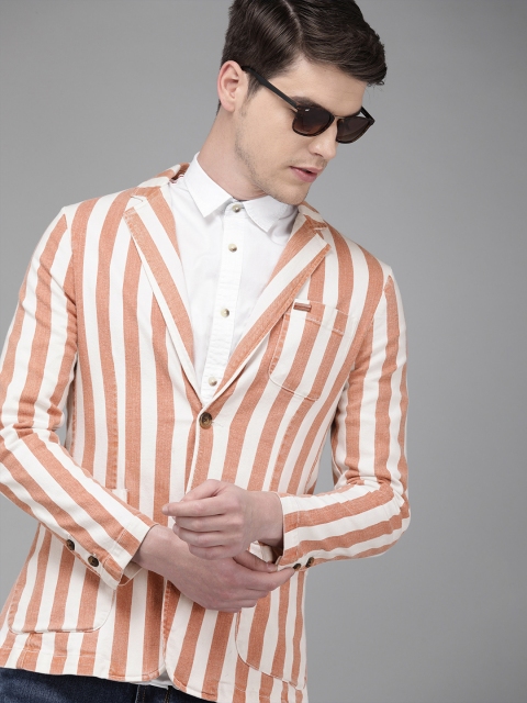 

Solid Styles Men Rust Red & Off-White Slim Fit Striped Single-Breasted Casual Blazer