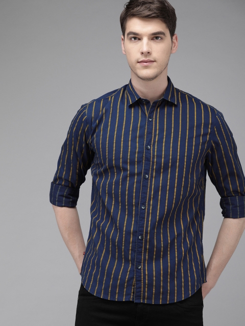 

Solid Styles Men Navy Blue & Mustard Yellow Slim Fit Striped Casual Shirt