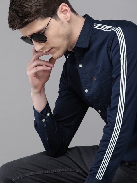 

Solid Styles Men Navy Blue Slim Fit Solid Casual Shirt With Side stripes