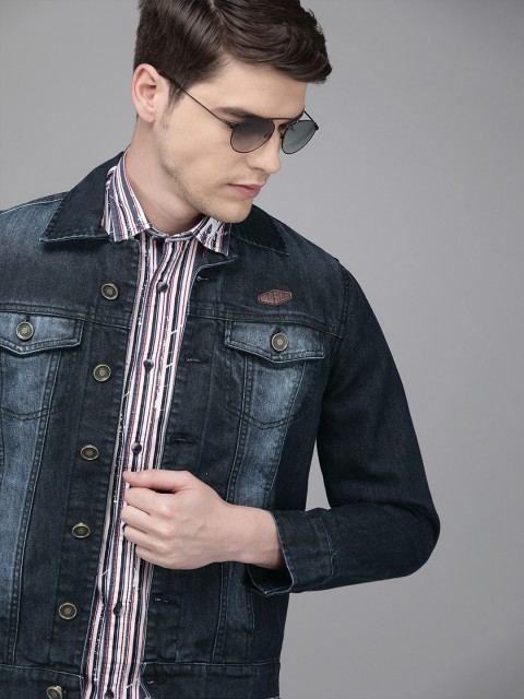 

Solid Styles Men Navy Blue Washed Denim Jacket