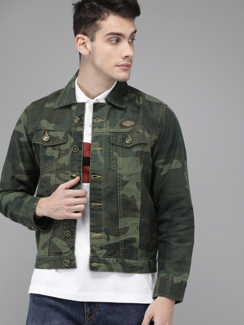 

Solid Styles Men Olive Green & Black Camouflage Printed Denim Jacket