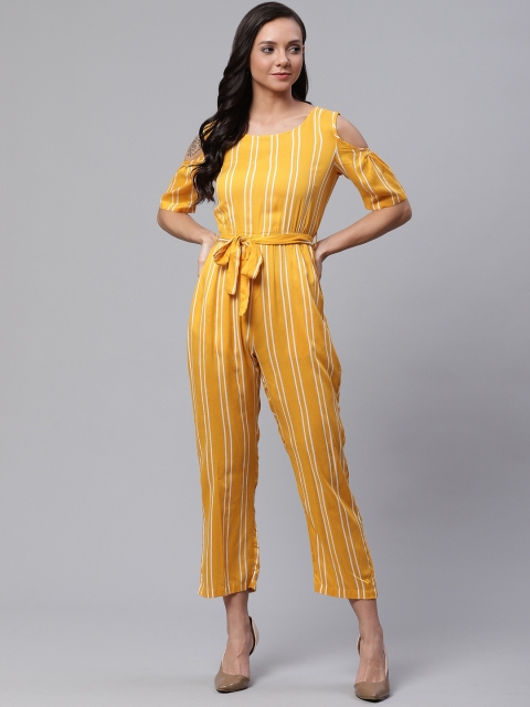 

ATRAENTA Women Yellow & White Striped Cold-Shoulder Cropped Basic Jumpsuit